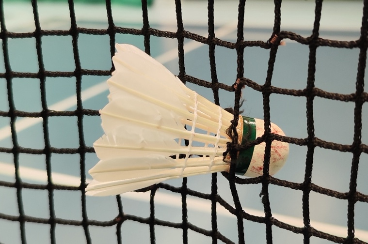 A shuttlecock stuck in a net Description automatically generated